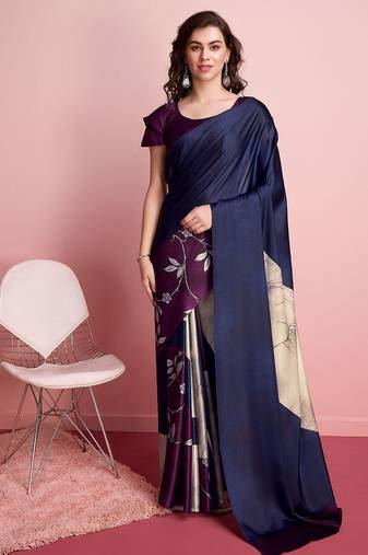 Blue printed satin fashion saree with blouse piece