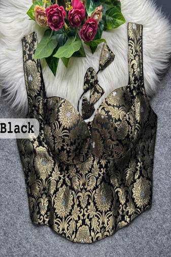 Black zari woven jacquard silk designer readymade saree blouse for women wedding party wear
