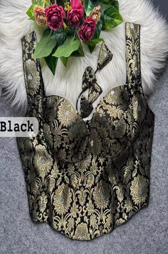 Black zari woven jacquard silk designer readymade saree blouse for women wedding party wear