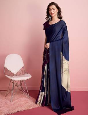 Blue printed satin fashion saree with blouse piece 2