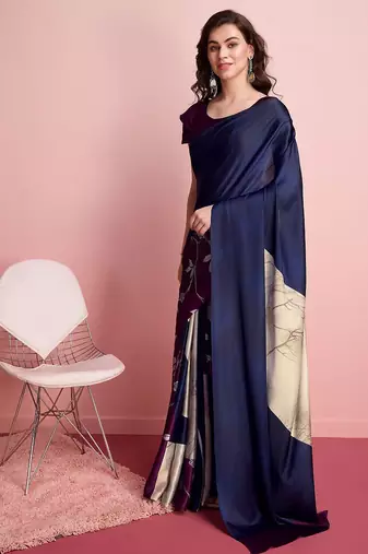 Blue printed satin fashion saree with blouse piece
