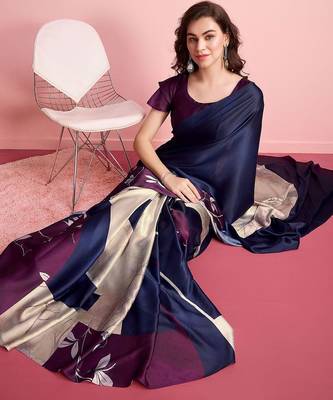 Blue printed satin fashion saree with blouse piece 3
