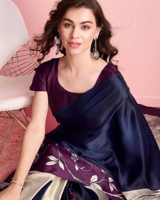 Blue printed satin fashion saree with blouse piece 5