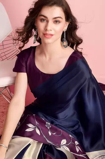 Blue printed satin fashion saree with blouse piece