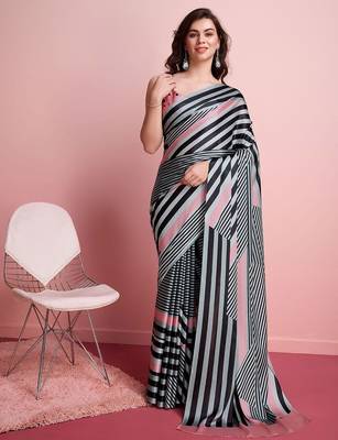 Grey printed satin fashion saree with blouse piece 1