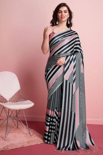 Grey printed satin fashion saree with blouse piece