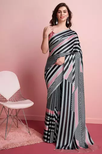 Grey printed satin fashion saree with blouse piece