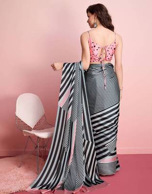 Grey printed satin fashion saree with blouse piece 2