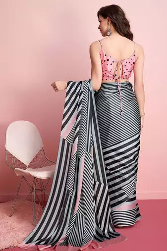 Grey printed satin fashion saree with blouse piece