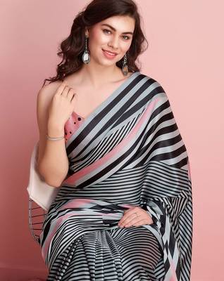 Grey printed satin fashion saree with blouse piece 4