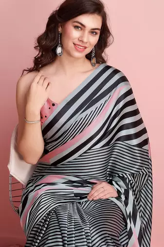 Grey printed satin fashion saree with blouse piece