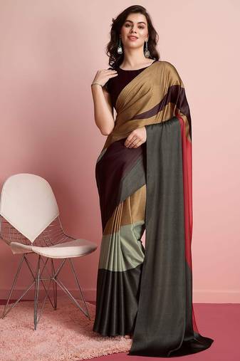 Brown printed satin fashion saree with blouse piece