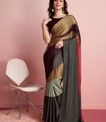 Brown printed satin fashion saree with blouse piece