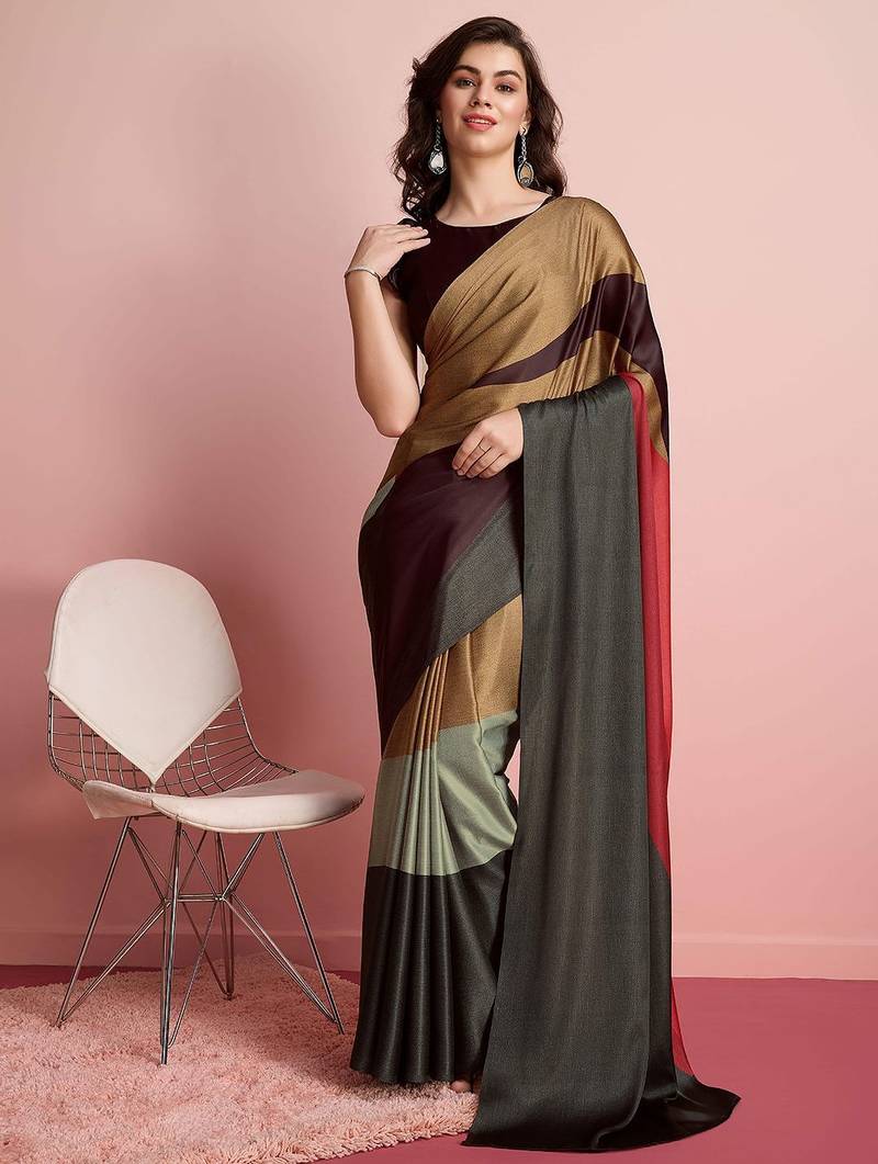 Brown printed satin fashion saree with blouse piece