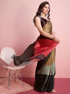 Brown printed satin fashion saree with blouse piece 2