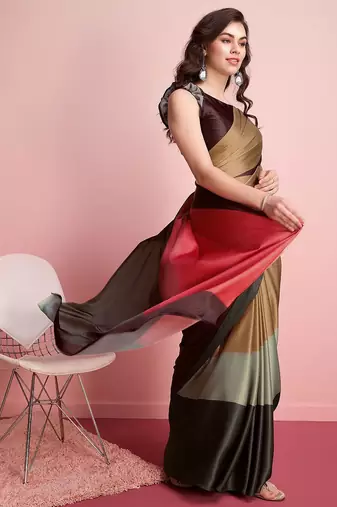 Brown printed satin fashion saree with blouse piece