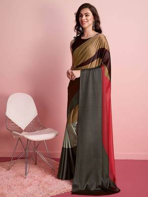 Brown printed satin fashion saree with blouse piece 3