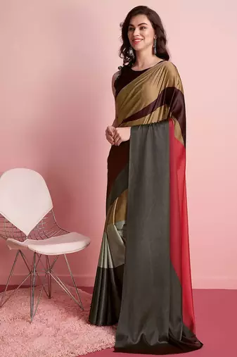 Brown printed satin fashion saree with blouse piece