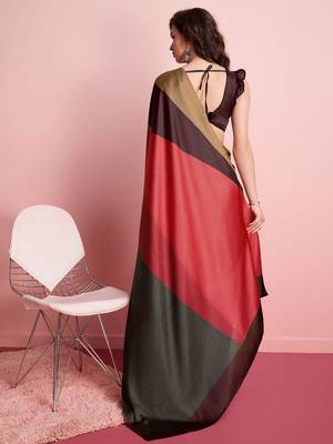 Brown printed satin fashion saree with blouse piece 4