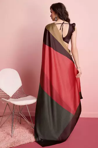 Brown printed satin fashion saree with blouse piece