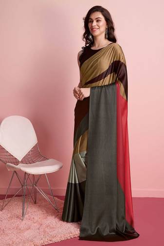 Brown printed satin fashion saree with blouse piece