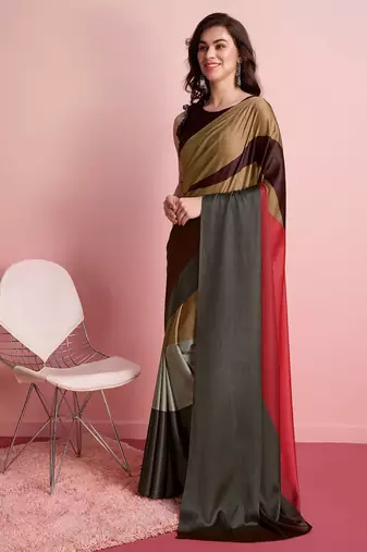 Brown printed satin fashion saree with blouse piece