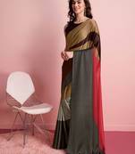 Brown printed satin fashion saree with blouse piece
