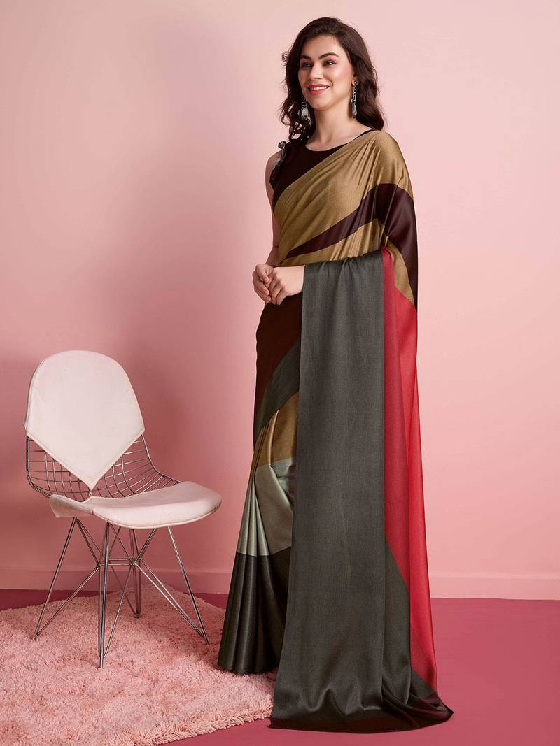 Brown printed satin fashion saree with blouse piece