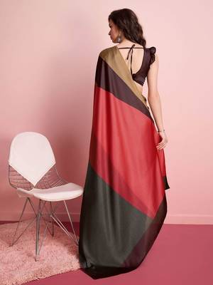 Brown printed satin fashion saree with blouse piece 2