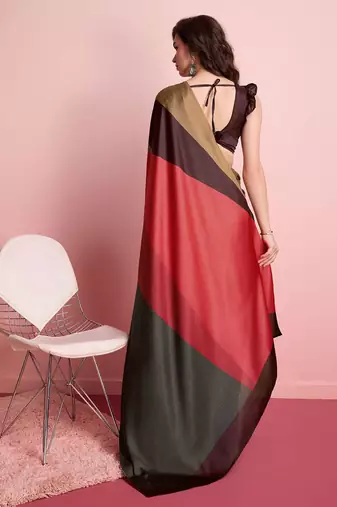 Brown printed satin fashion saree with blouse piece