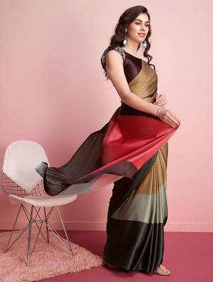 Brown printed satin fashion saree with blouse piece 3