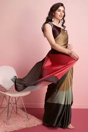 Brown printed satin fashion saree with blouse piece