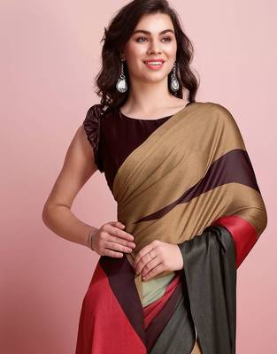Brown printed satin fashion saree with blouse piece 4