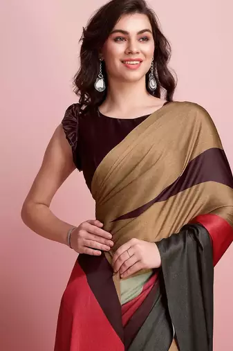 Brown printed satin fashion saree with blouse piece