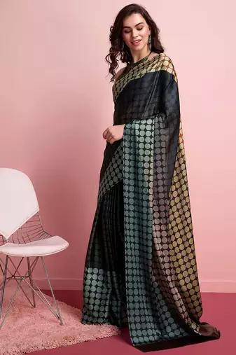 Black printed satin fashion saree with blouse piece