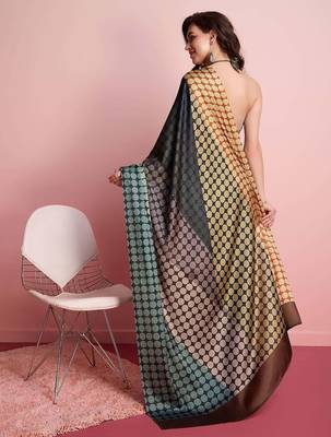 Black printed satin fashion saree with blouse piece 2