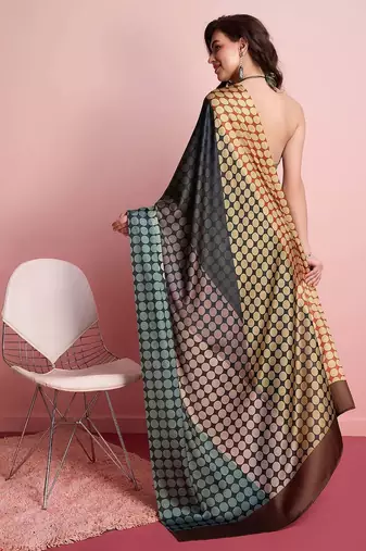Black printed satin fashion saree with blouse piece