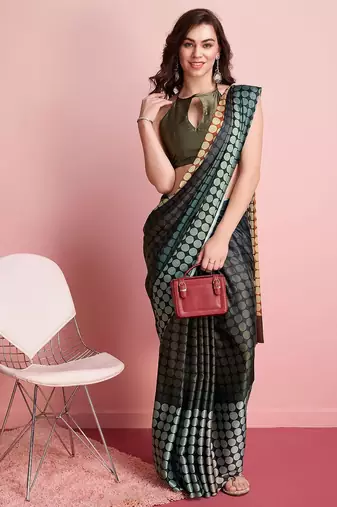 Black printed satin fashion saree with blouse piece