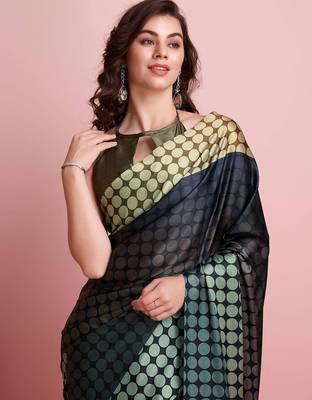 Black printed satin fashion saree with blouse piece 4