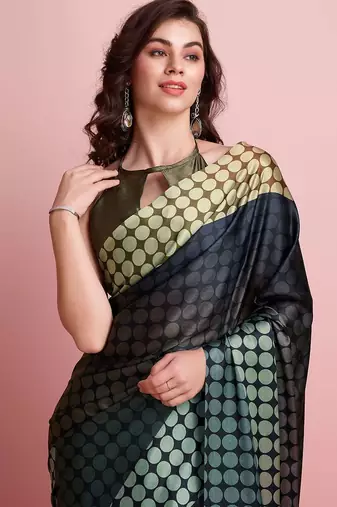 Black printed satin fashion saree with blouse piece