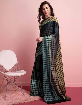 Brown printed satin fashion saree with blouse piece 1