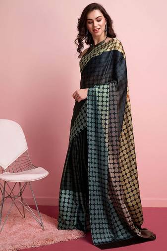 Brown printed satin fashion saree with blouse piece