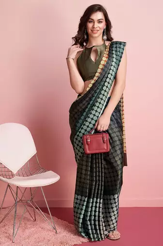 Brown printed satin fashion saree with blouse piece