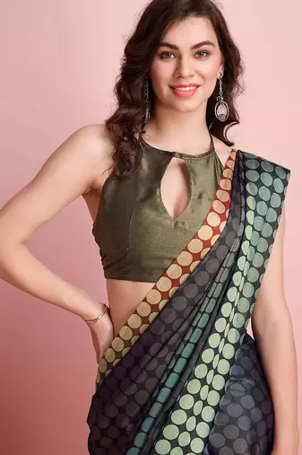 Brown printed satin fashion saree with blouse piece