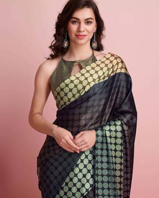 Brown printed satin fashion saree with blouse piece 4