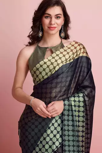 Brown printed satin fashion saree with blouse piece