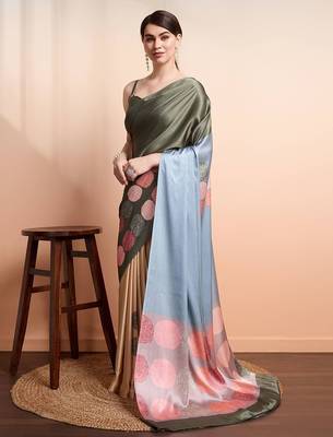 Green printed satin fashion saree with blouse piece 1