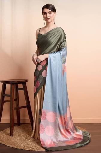 Green printed satin fashion saree with blouse piece