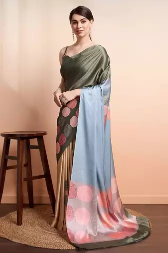 Green printed satin fashion saree with blouse piece