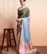 Green printed satin fashion saree with blouse piece
